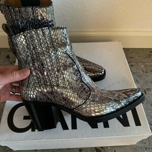 Ganni Snake Print Embossed Leather Ankle Boot Silver NWT Size 7